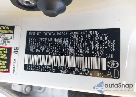2015 Toyota Corolla Le from USA, damaged, VIN 2T1BURHE7FC458490